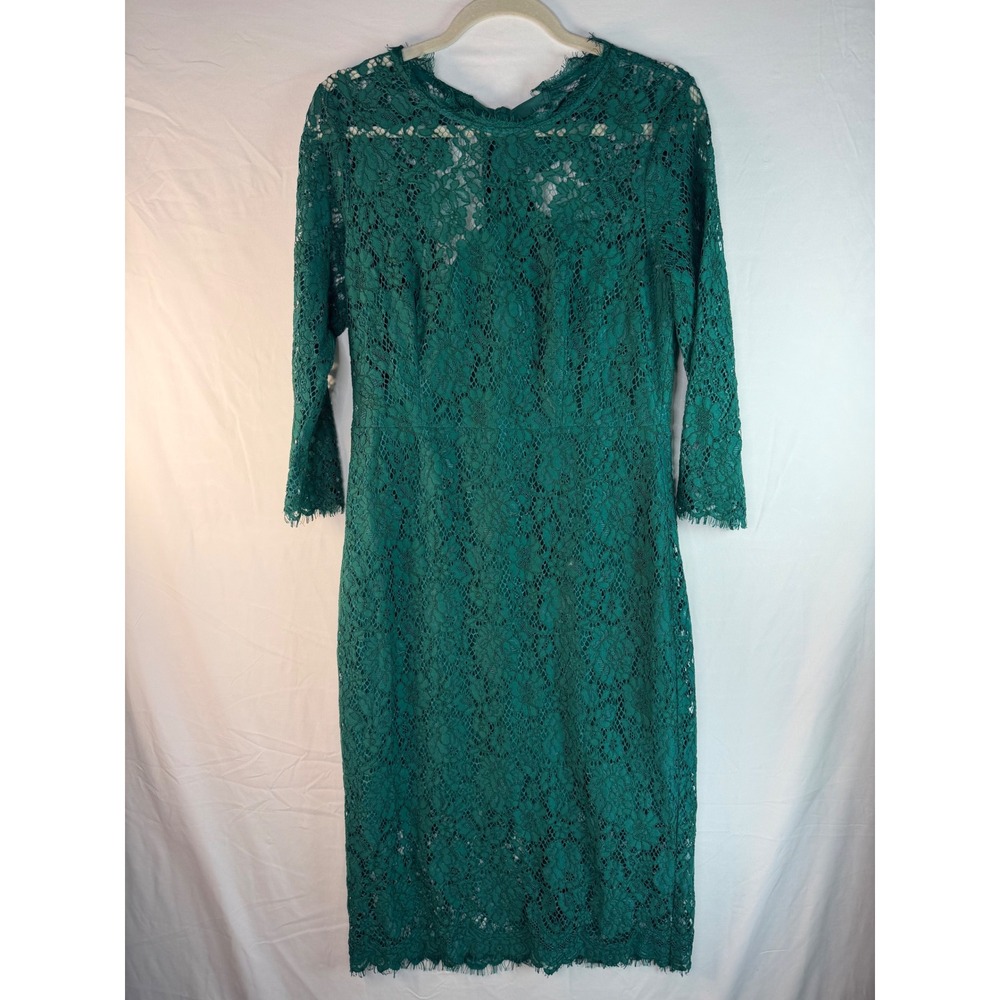 J. Crew Emerald Green Floral Lace‎ Tie Back Sheath Dress 3/4 Sleeve Size 6